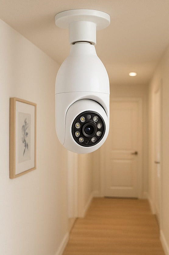 Cámara de Seguridad 360° con Forma de Bombilla y Visión Nocturna