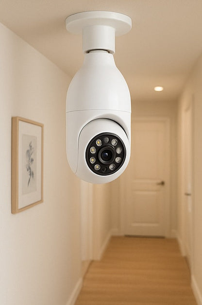 Cámara de Seguridad 360° con Forma de Bombilla y Visión Nocturna
