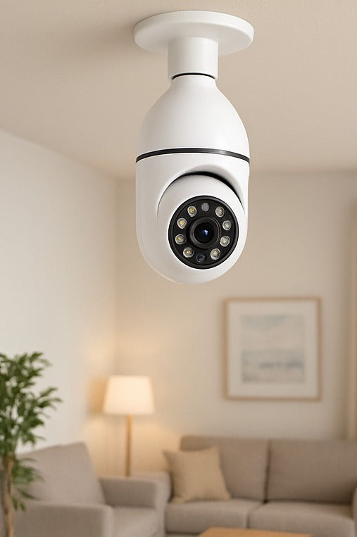Cámara de Seguridad 360° con Forma de Bombilla y Visión Nocturna